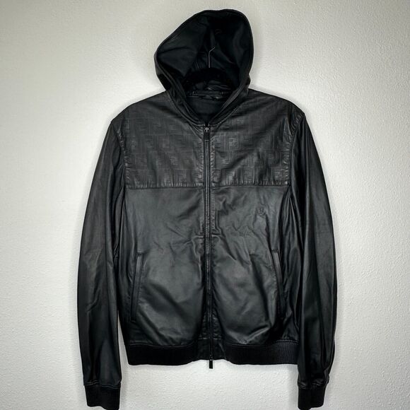 Fendi Black Soft Leather Fendi Embossed Monogram Front Long Sleeve Hooded Jacket - Picture 1 of 16